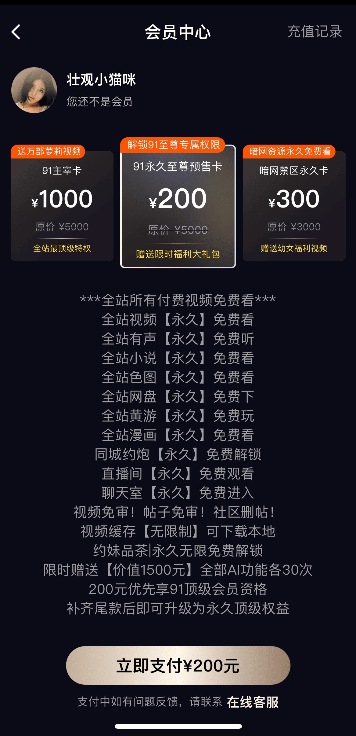 91PO会员中心多档套餐开通与特权说明页面